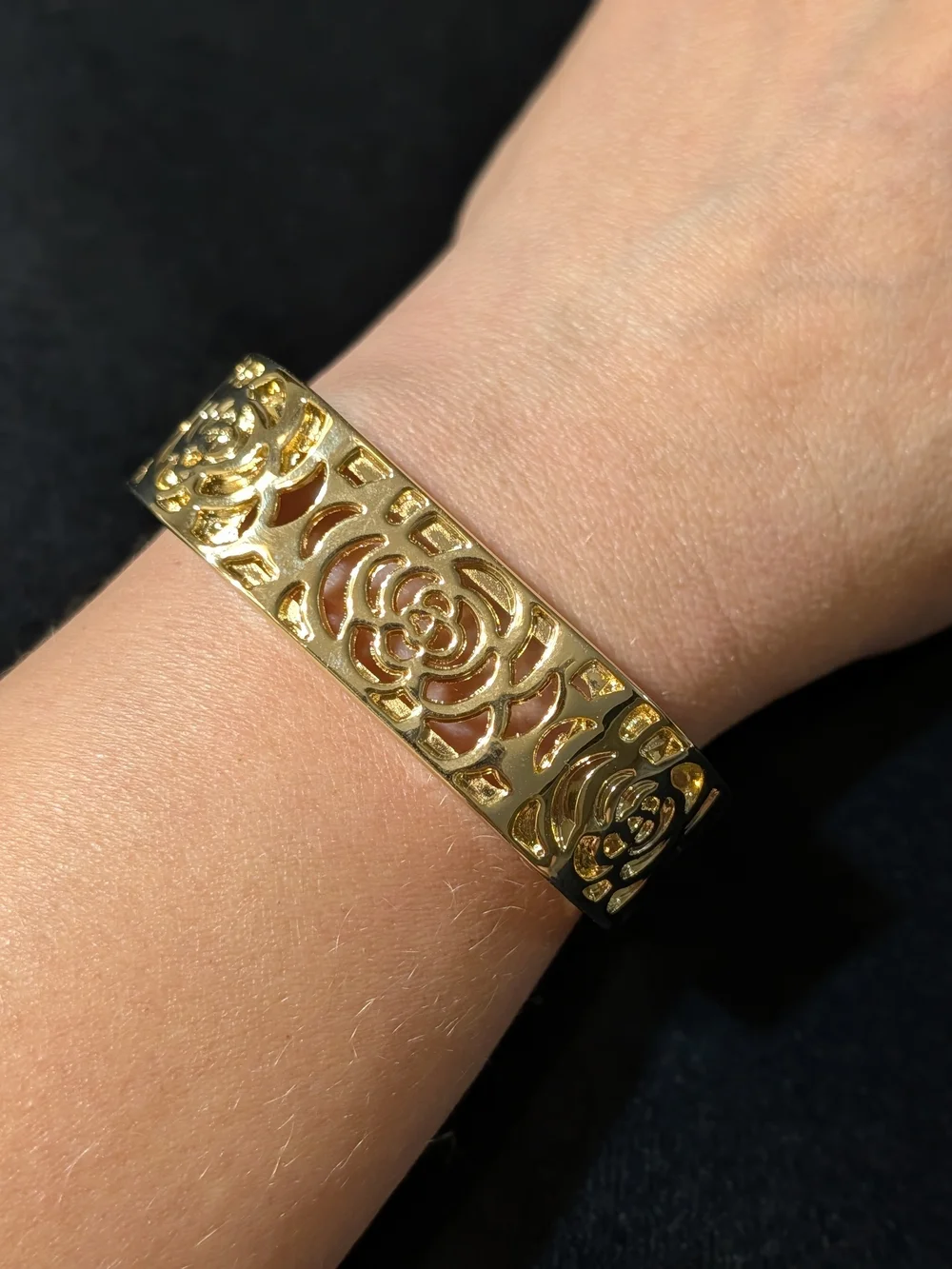 Gold Tone Floral Cutout Cuff Bangle Bracelet